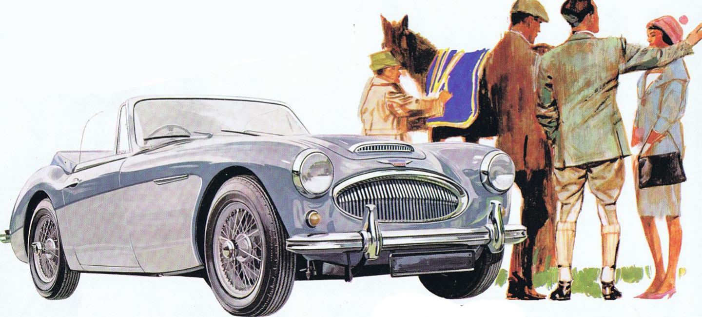 Men beside a silver car. There is also a horse.